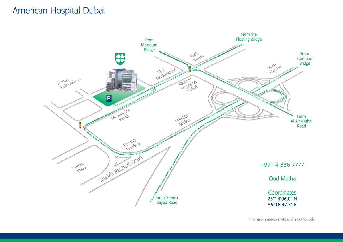 mapa Americkej nemocnici Dubaj